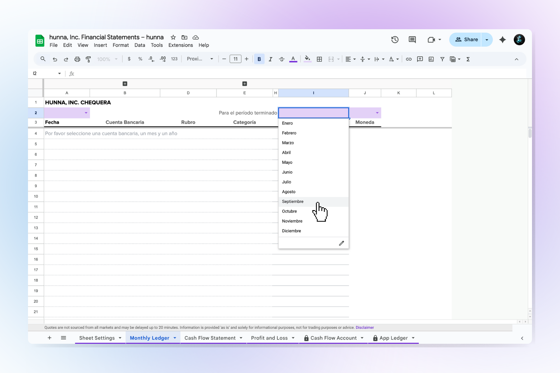 Abre el Monthly Ledger, y selecciona cuenta bancaria, mes y año